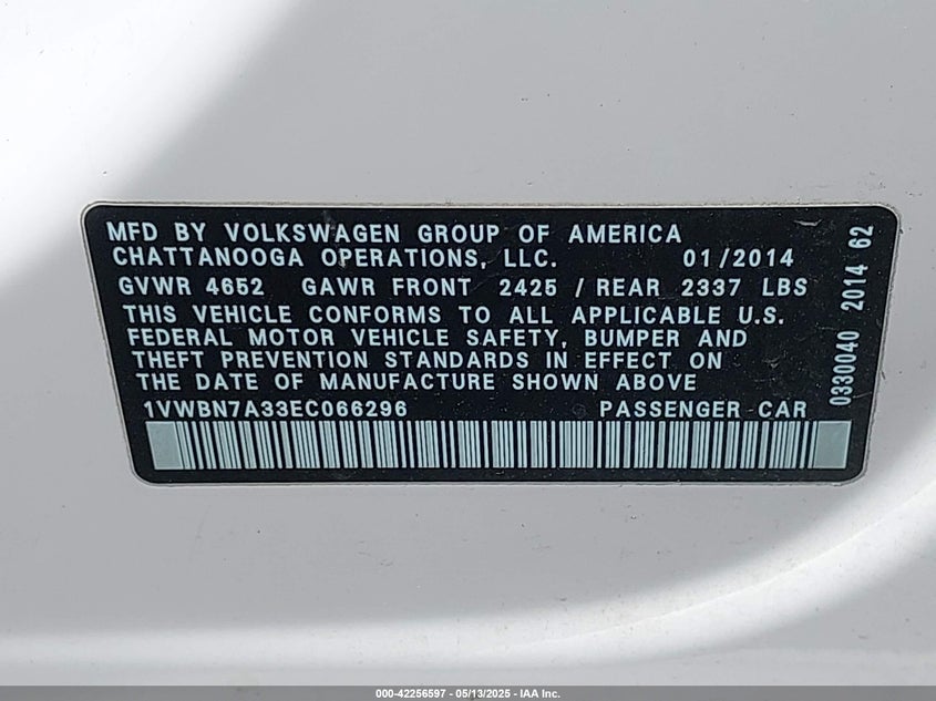 2014 VOLKSWAGEN PASSAT VIN: 1VWBN7A33EC066296
