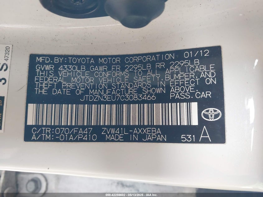 2012 TOYOTA PRIUS V VIN: JTDZN3EU7C3083466