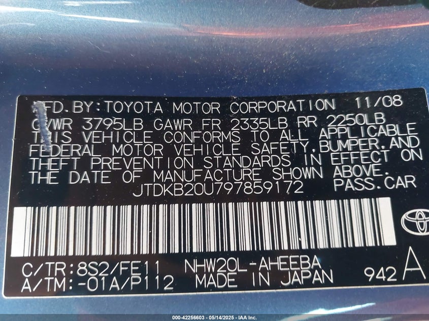 2009 TOYOTA PRIUS VIN: JTDKB20U797859172