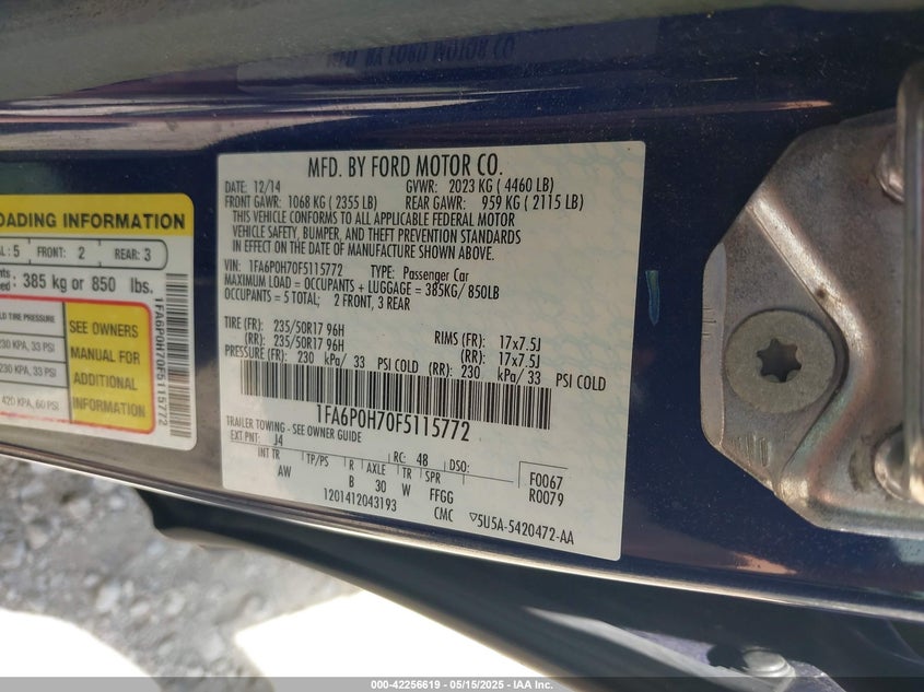 2015 FORD FUSION VIN: 1FA6P0H70F5115772