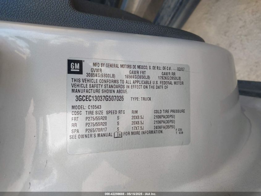 2007 Chevrolet Silverado 1500 Lt2 VIN: 3GCEC13037G507026 Lot: 42256688