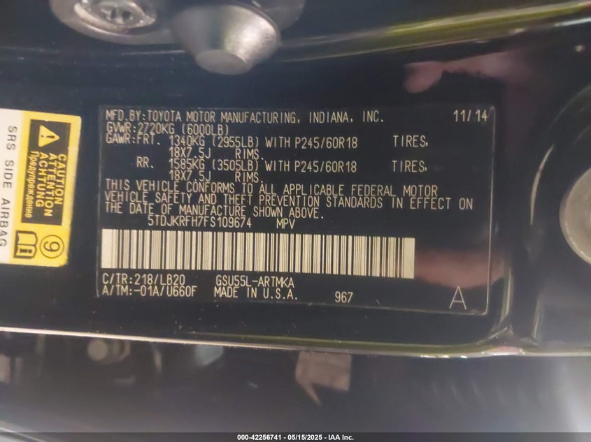 2015 TOYOTA HIGHLANDER XLE - 5TDJKRFH7FS109674