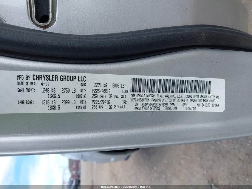 2011 DODGE JOURNEY VIN: 3D4PG4FB3BT547699