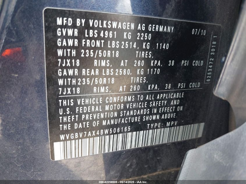 2011 Volkswagen Tiguan Sel VIN: WVGBV7AX4BW506165 Lot: 42256905