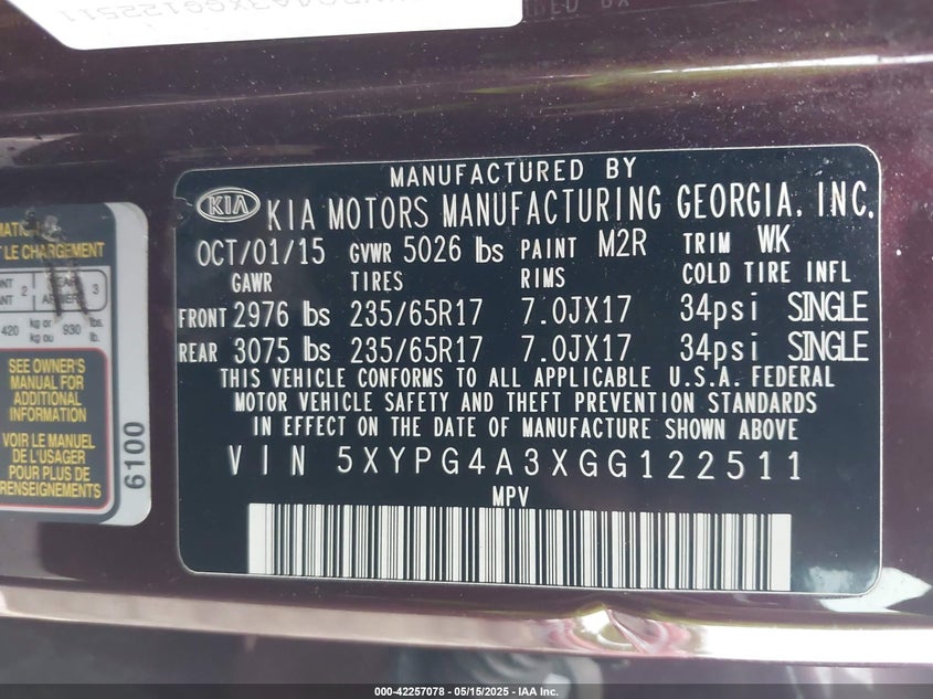 2016 KIA SORENTO VIN: 5XYPG4A3XGG122511