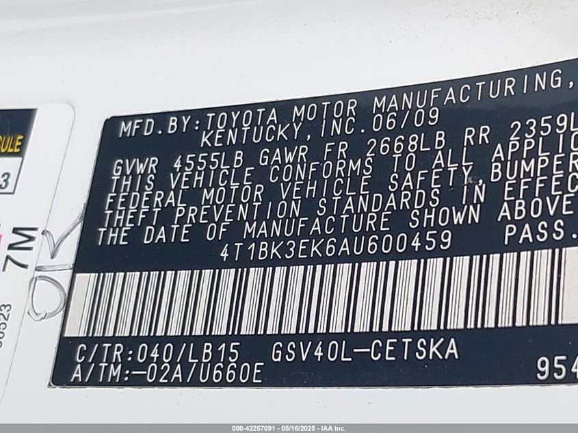 2010 TOYOTA CAMRY VIN: 4T1BK3EK6AU600459