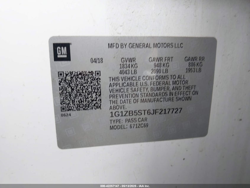 2018 CHEVROLET MALIBU VIN: 1G1ZB5ST6JF217727