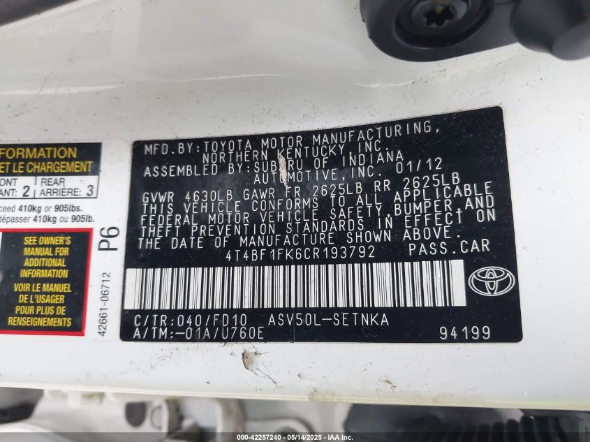 2012 Toyota Camry Le VIN: 4T4BF1FK6CR193792 Lot: 42257240