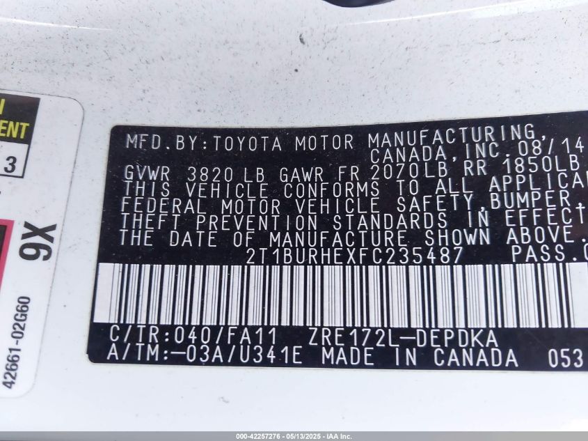 2015 Toyota Corolla L VIN: 2T1BURHEXFC235487 Lot: 42257276