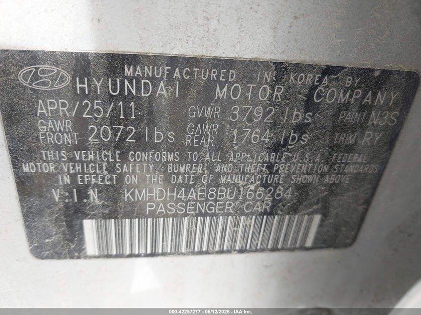 2011 HYUNDAI ELANTRA VIN: KMHDH4AE8BU166284