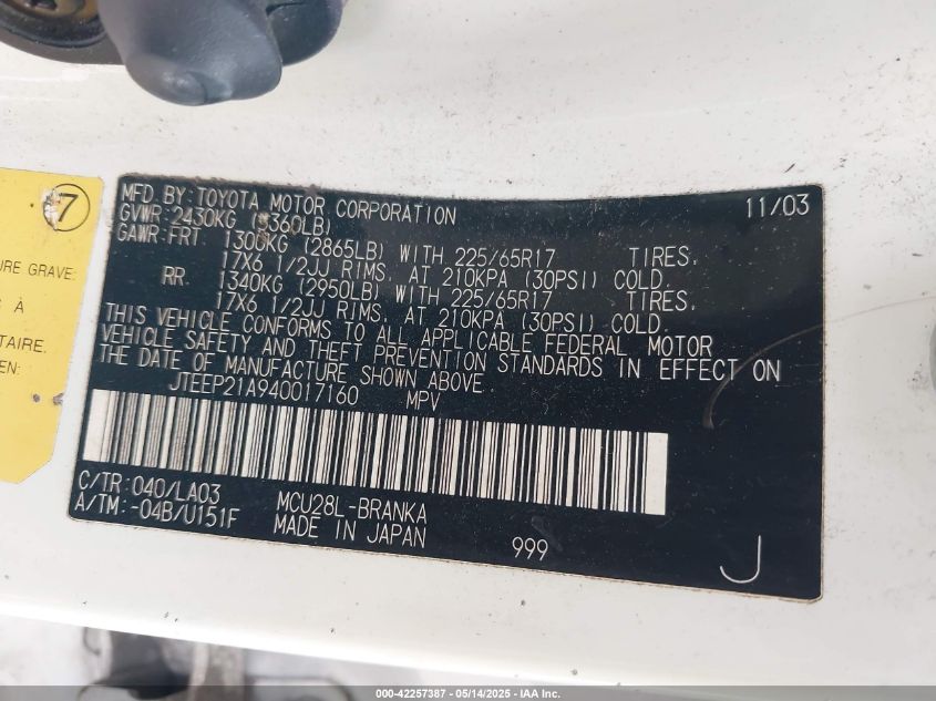 2004 Toyota Highlander Limited V6 VIN: JTEEP21A940017160 Lot: 42257387