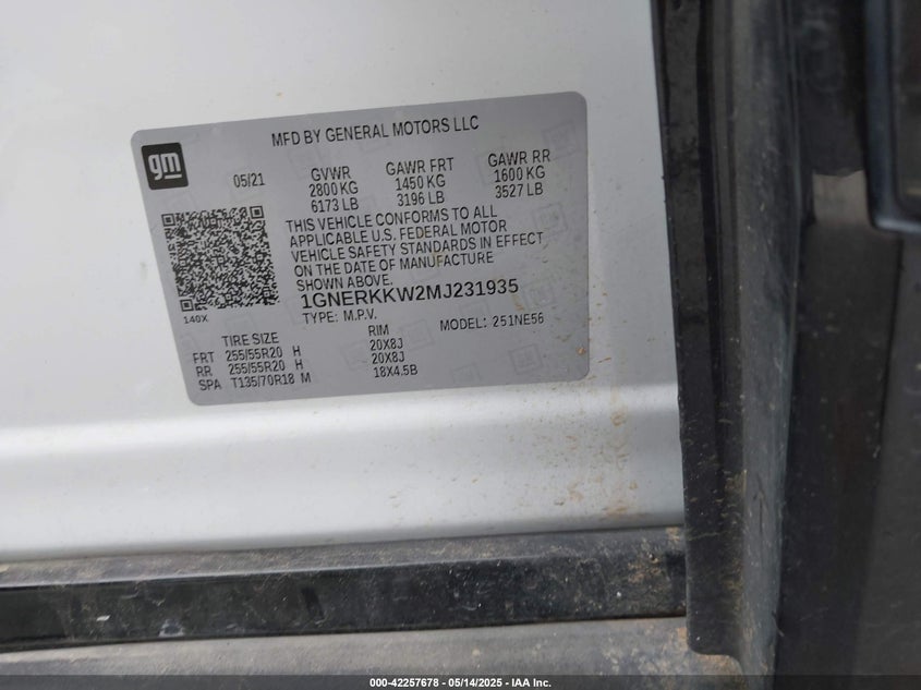 2021 CHEVROLET TRAVERSE VIN: 1GNERKKW2MJ231935