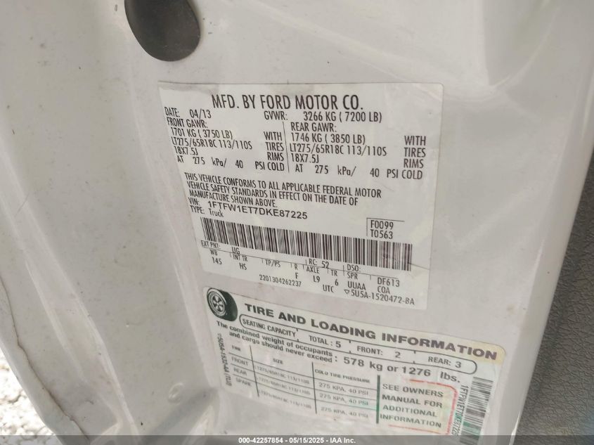 2013 Ford F-150 Lariat VIN: 1FTFW1ET7DKE87225 Lot: 42257854