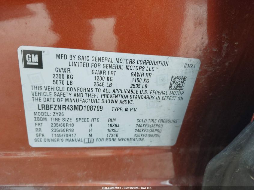 2021 Buick Envision Fwd Essence VIN: LRBFZNR43MD108709 Lot: 42257913