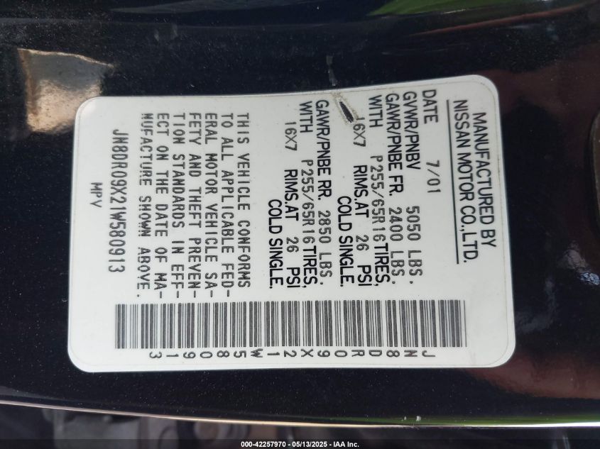 2001 Nissan Pathfinder Le VIN: JN8DR09X21W580913 Lot: 42257970