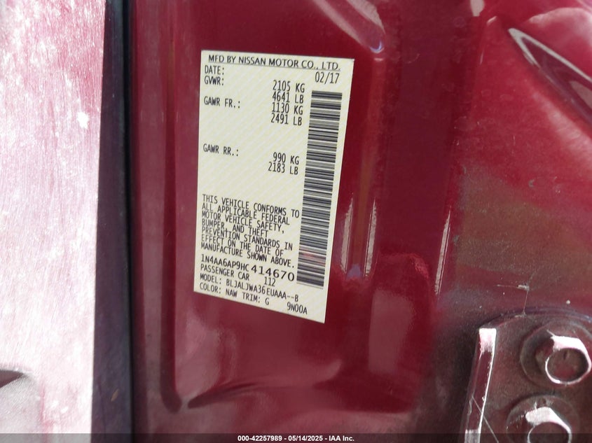 2017 NISSAN MAXIMA 3.5 SV - 1N4AA6AP9HC414670