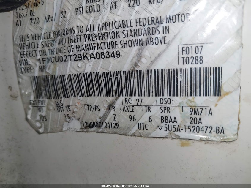 2009 FORD ESCAPE VIN: 1FMCU02729KA08349