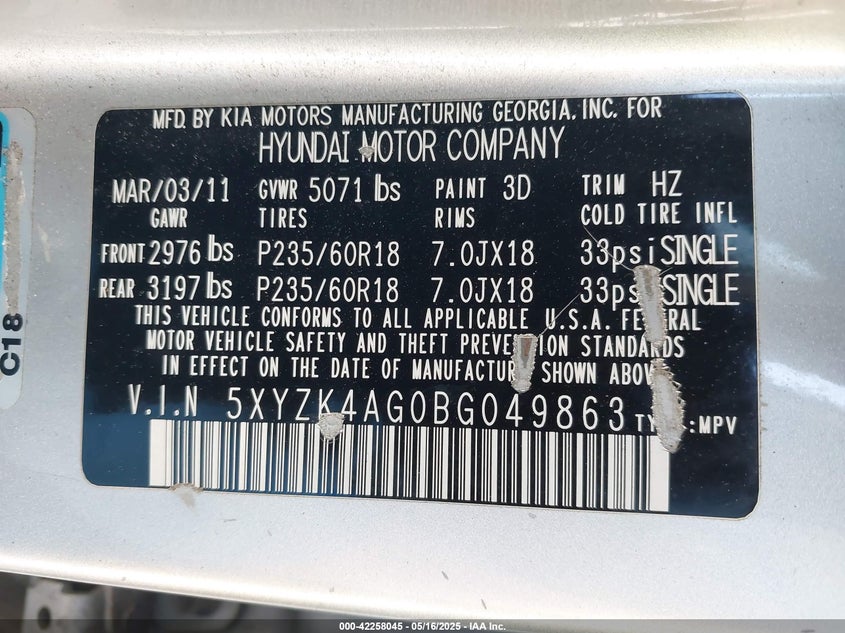 2011 HYUNDAI SANTA FE VIN: 5XYZK4AG0BG049863