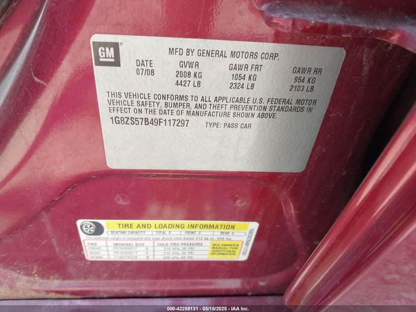 2009 SATURN AURA VIN: 1G8ZS57B49F117297