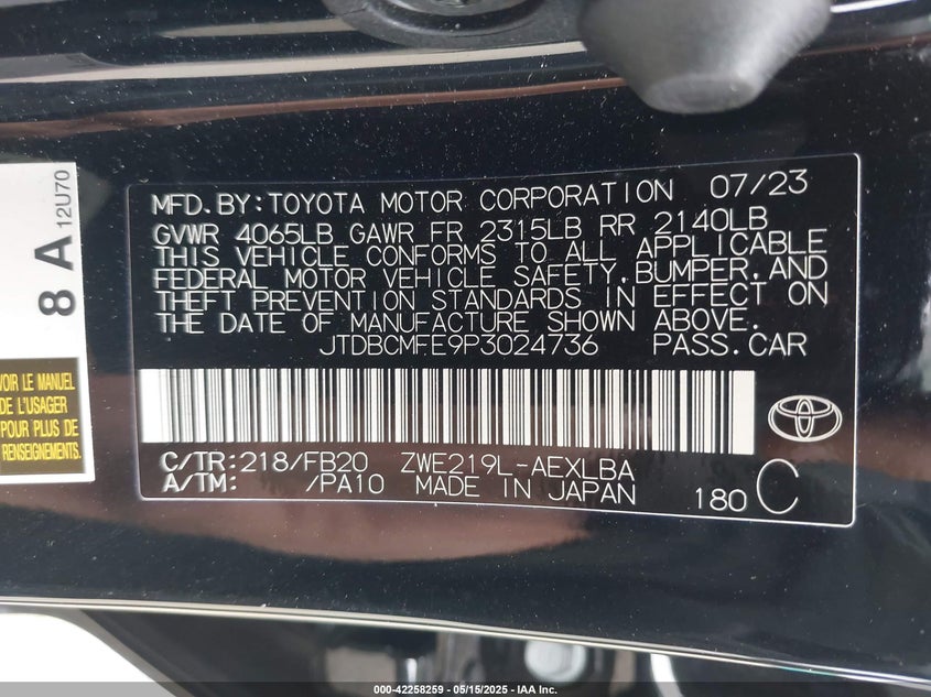 2023 TOYOTA COROLLA VIN: JTDBCMFE9P3024736