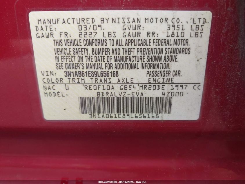 2009 Nissan Sentra 2.0Sl VIN: 3N1AB61E89L656168 Lot: 42258393