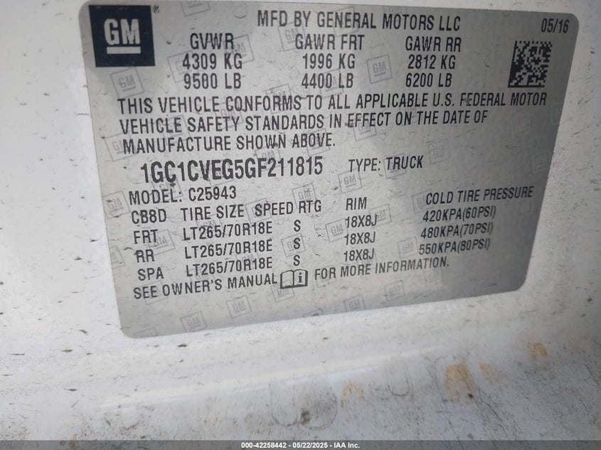 2016 CHEVROLET SILVERADO 2500HD VIN: 1GC1CVEG5GF211815