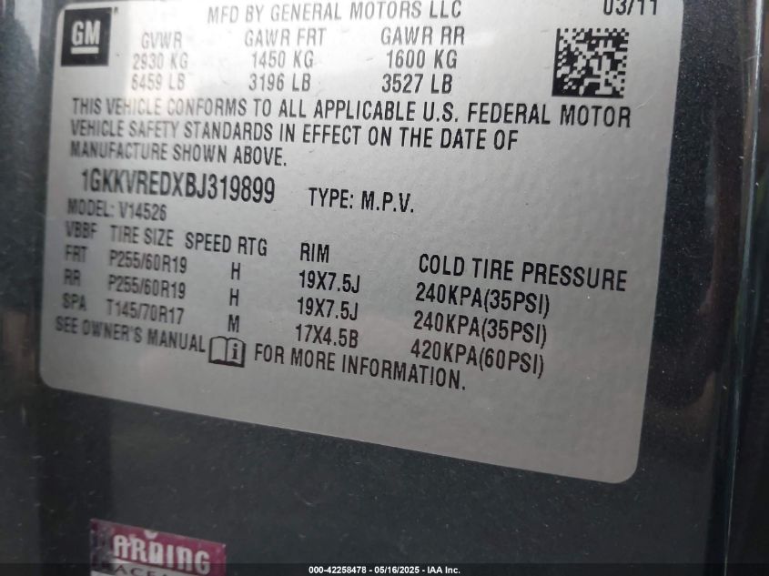 2011 GMC Acadia Slt-1 VIN: 1GKKVREDXBJ319899 Lot: 42258478