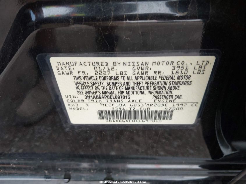 2012 Nissan Sentra 2.0 Sr VIN: 3N1AB6AP0CL697015 Lot: 42258544