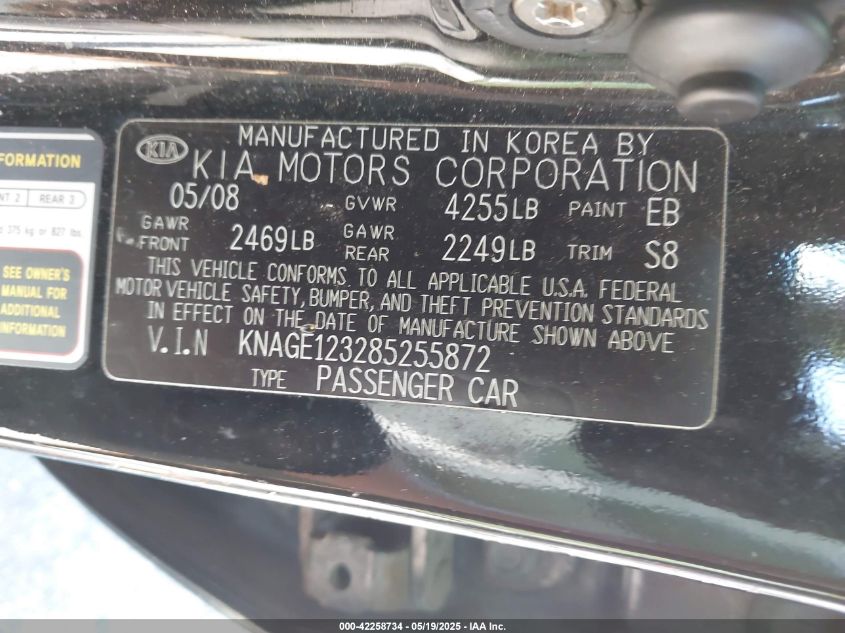 2008 Kia Optima Lx VIN: KNAGE123285213587 Lot: 42258734