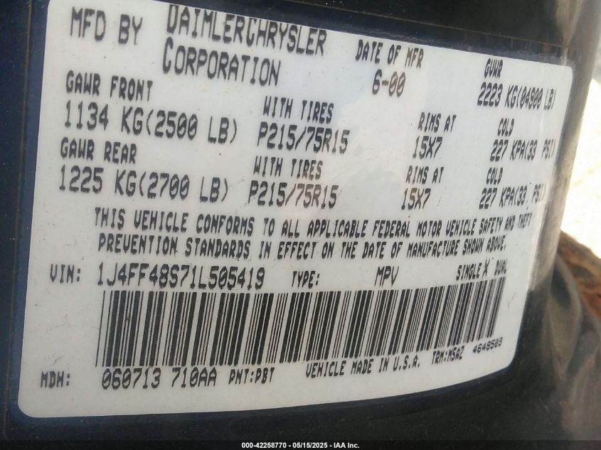 2001 Jeep Cherokee Sport VIN: 1J4FF48S71L505419 Lot: 43789304