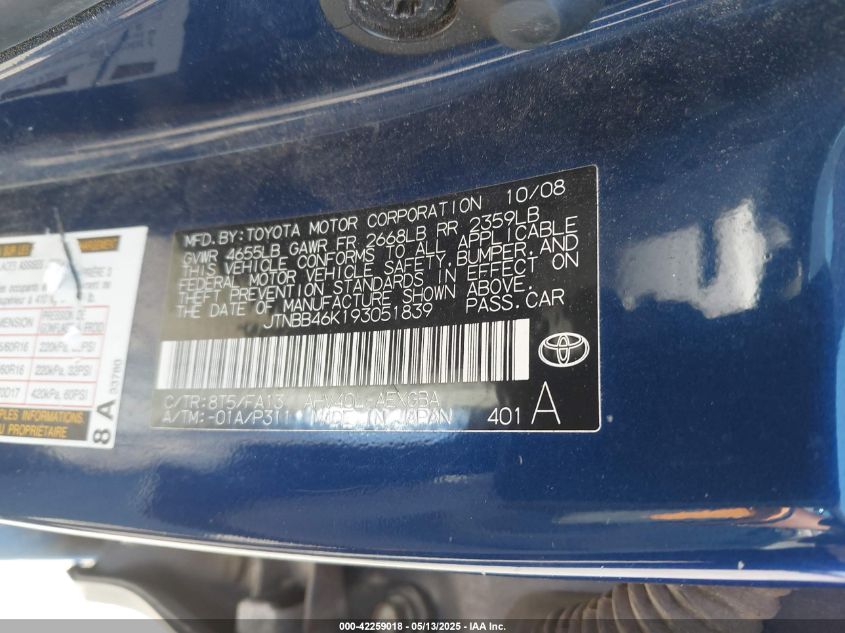 2009 Toyota Camry Hybrid VIN: JTNBB46K193051839 Lot: 42259018