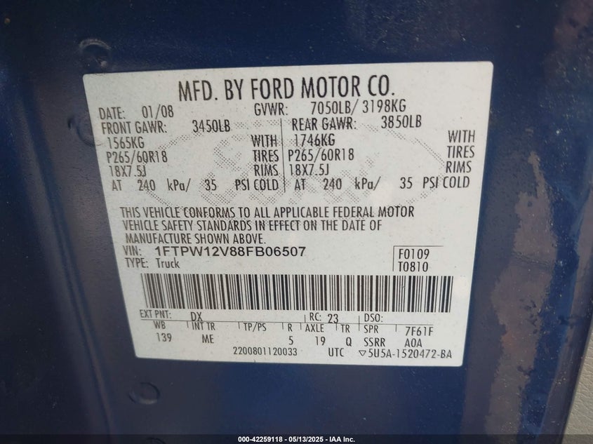 2008 FORD F-150 VIN: 1FTPW12V88FB06507