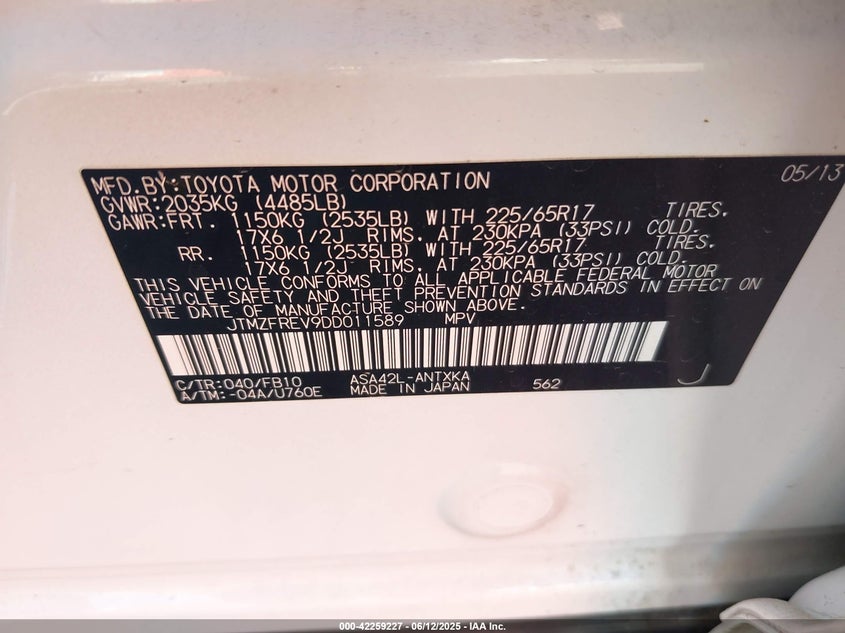 2013 TOYOTA RAV4 LE - JTMZFREV9DD011589