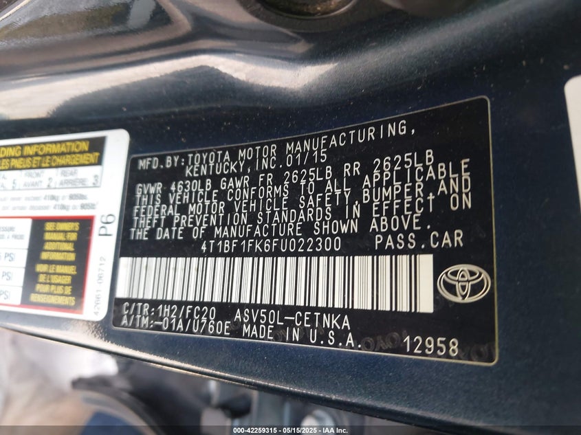2015 Toyota Camry Le VIN: 4T1BF1FK6FU022300 Lot: 42259315