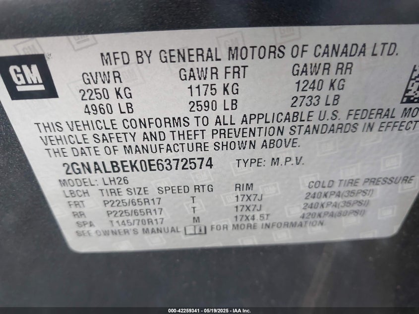 2014 CHEVROLET EQUINOX VIN: 2GNALBEK0E6372574