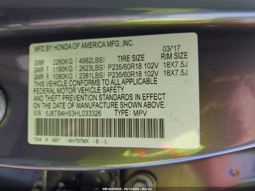 2017 Acura Rdx Technology Acurawatch Plus Packages/W/Technology Package VIN: 5J8TB4H53HL033326 Lot: 42259425