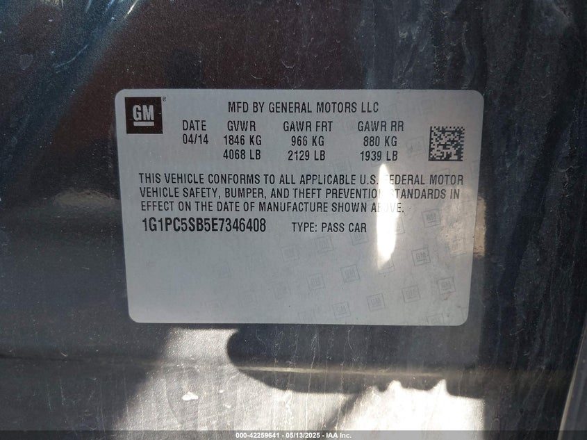 2014 CHEVROLET CRUZE VIN: 1G1PC5SB5E7346408