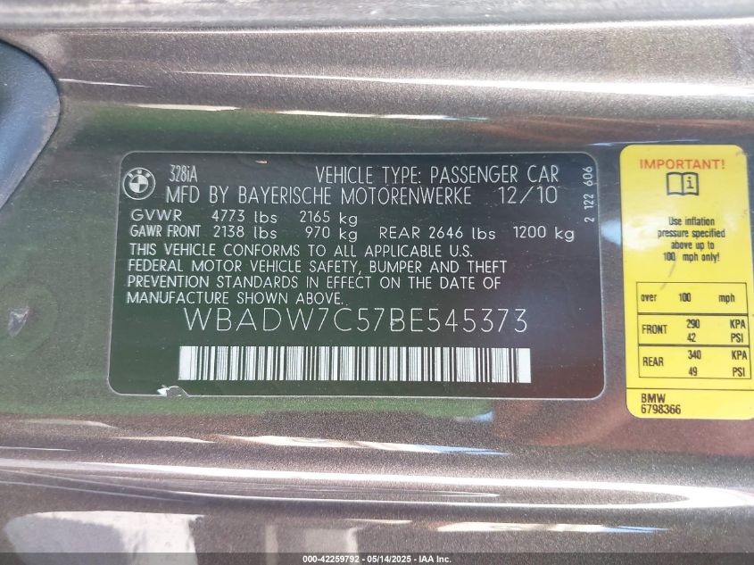 2011 BMW 328I VIN: WBADW7C57BE545373 Lot: 42259792