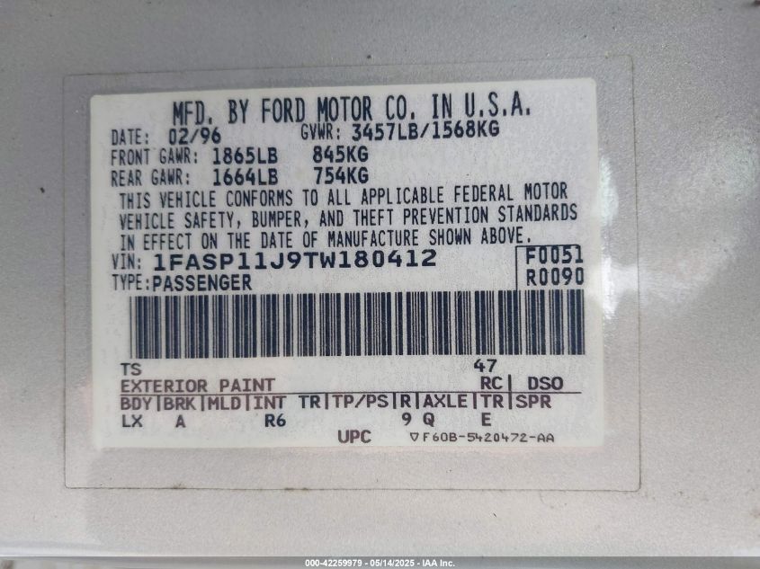 1996 Ford Escort Lx VIN: 1FASP11J9TW180412 Lot: 42259979