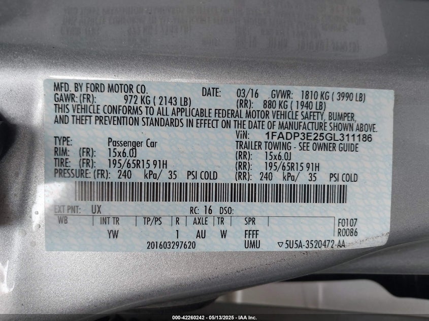 1FADP3E25GL311186 2016 FORD FOCUS photo no. 9
