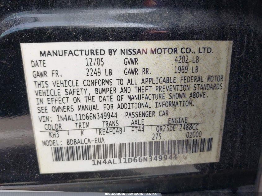 2006 NISSAN ALTIMA VIN: 1N4AL11D66N349944