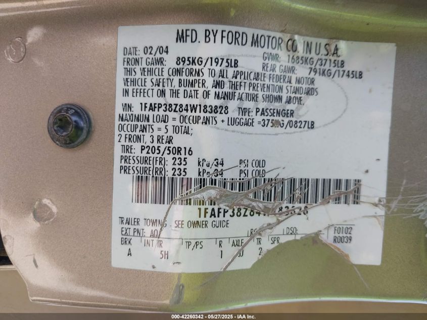 2004 Ford Focus Zts VIN: 1FAFP38Z84W183828 Lot: 42260342