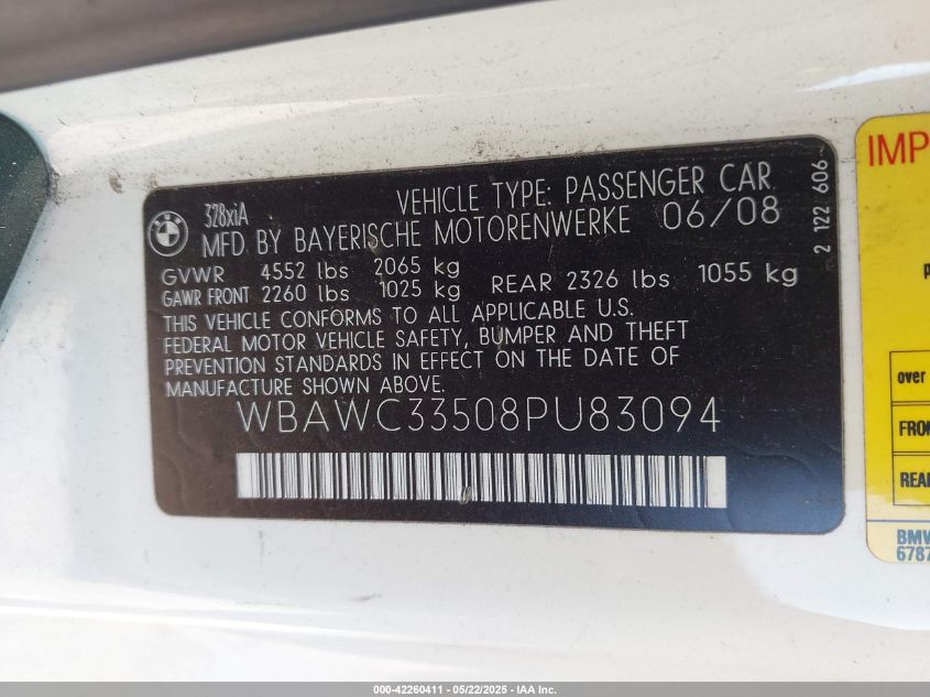 2008 BMW 328Xi VIN: WBAWC33508PU83094 Lot: 42260411