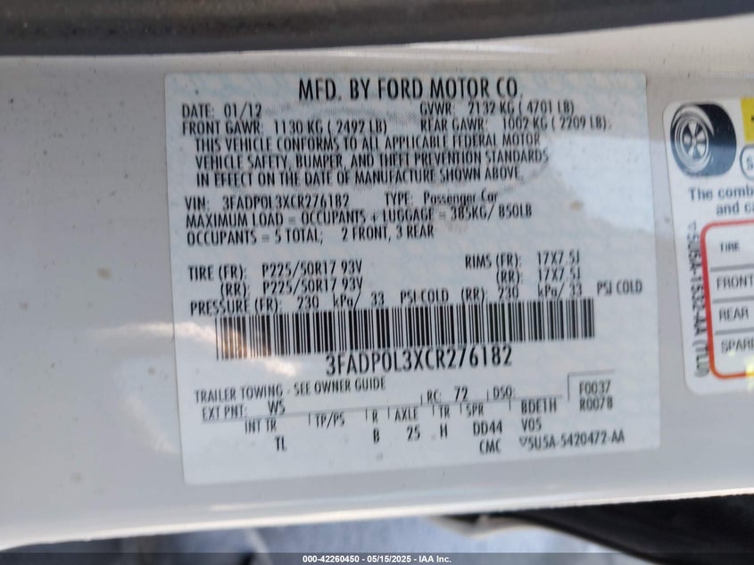 2012 FORD FUSION HYBRID VIN: 3FADP0L3XCR276182
