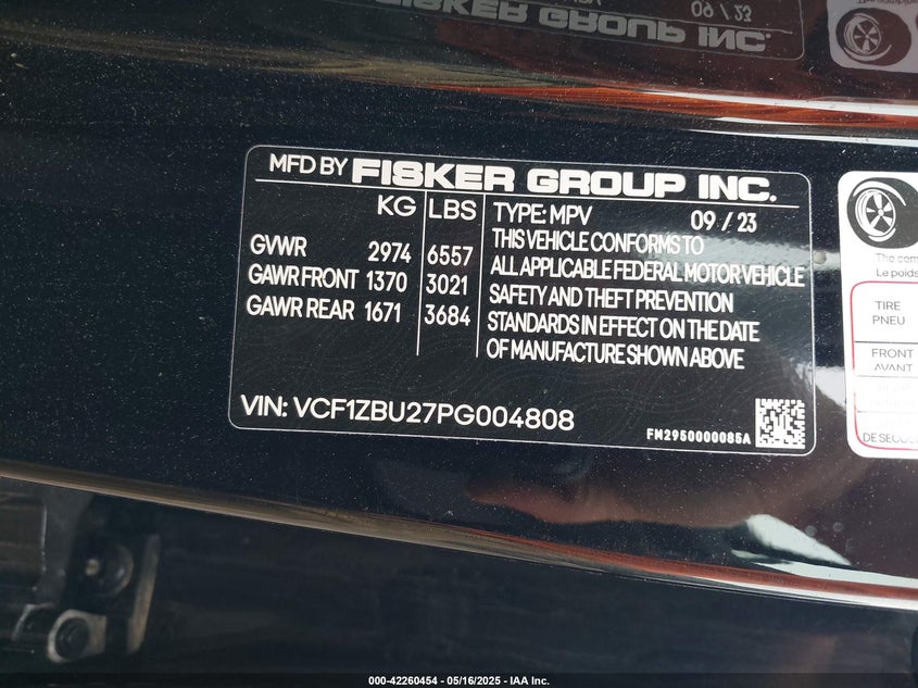 VIN VCF1ZBU27PG004808 2023 FISKER OCEAN ONE
