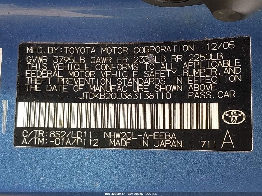 2006 Toyota Prius VIN: JTDKB20U363138110 Lot: 42260487