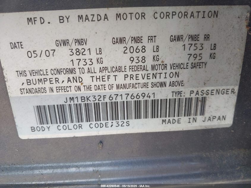 2007 Mazda Mazda3 I VIN: JM1BK32F671766941 Lot: 42260546