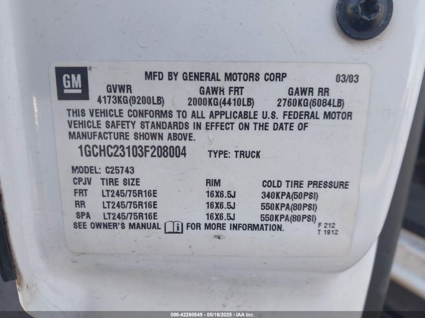 2003 Chevrolet Silverado 2500Hd Ls VIN: 1GCHC23103F208004 Lot: 42260549