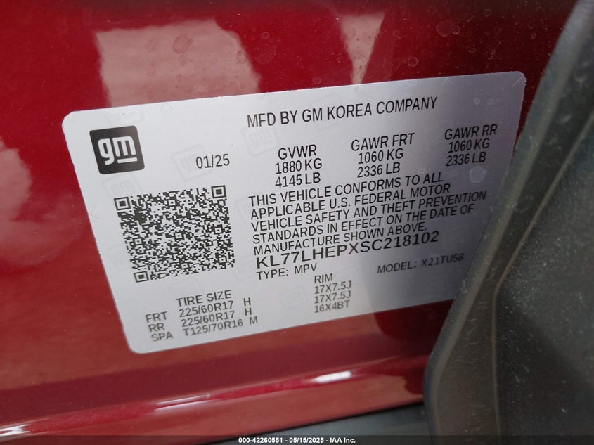 2025 CHEVROLET TRAX VIN: KL77LHEPXSC218102