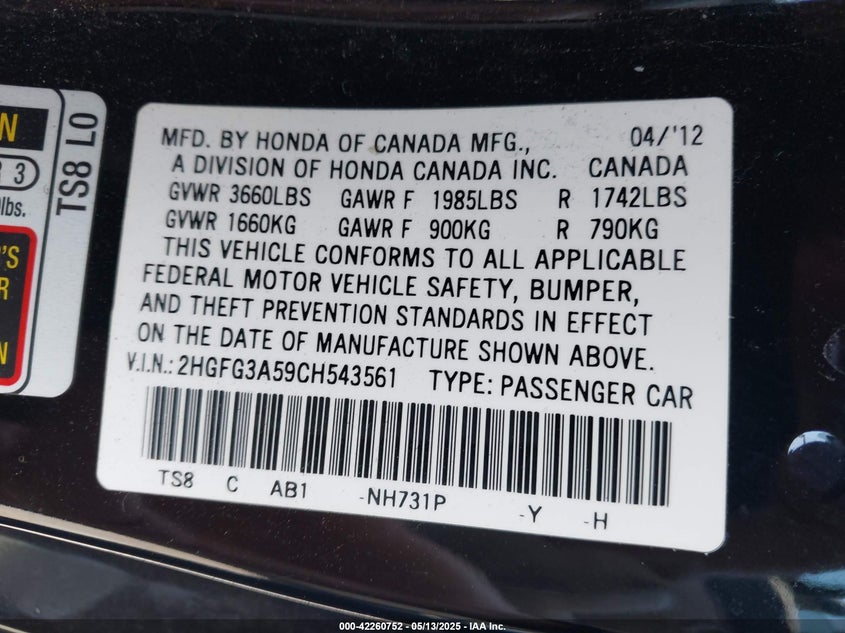 2012 HONDA CIVIC VIN: 2HGFG3A59CH543561